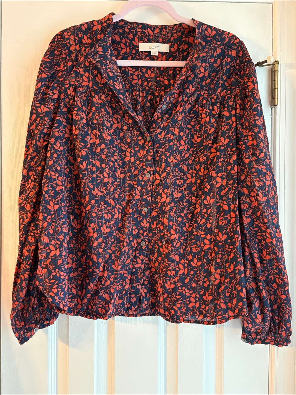LOFT Navy with Coral Leaf-Print Button Front Blouse